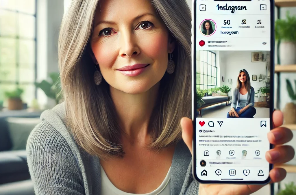 Génère une image d’une femme de 50 ans qui parle du bien-être sur Instagram ?